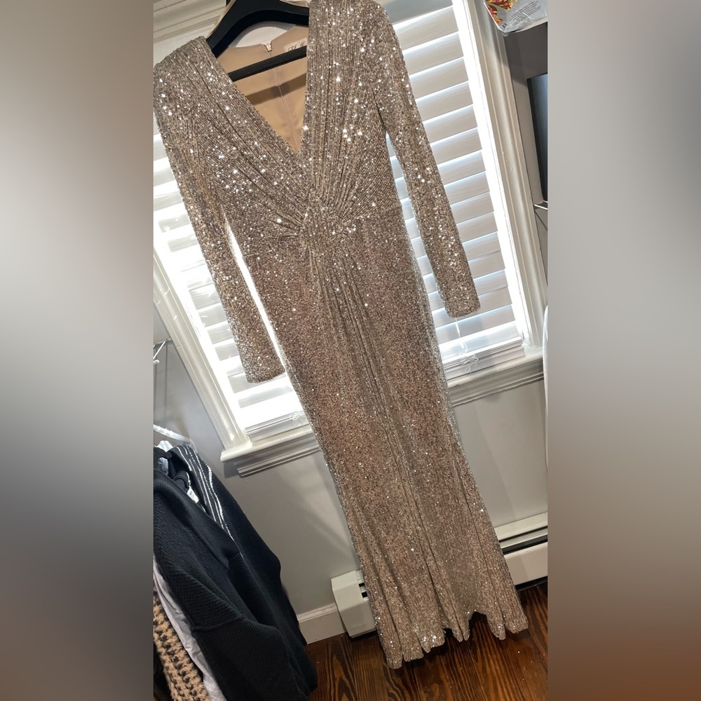 Long Sleeve V Neck Sequin Gown